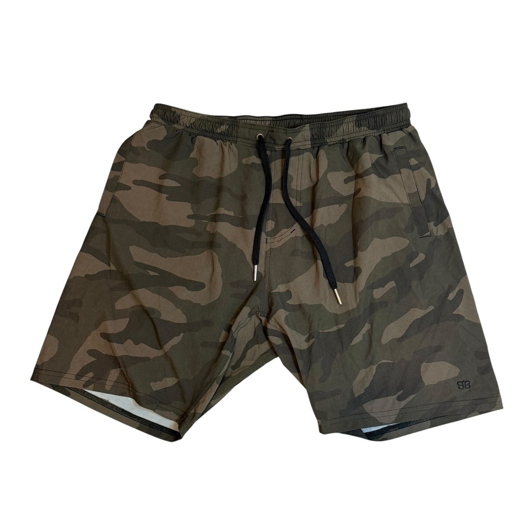 Albion Fit Mens Camo Athletic Shorts Green Brown Size 38 Lined Drawstring Gym